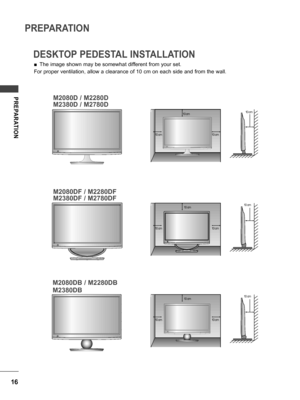 Page 1616
PREPARATION
PREPARATION
DESKTOP PEDESTAL INSTALLATION
For proper ventilation, allow a clearance of 10 cm on each side and from the wall.
 ■The image shown may be somewhat different from your set.
10 cm
10 cm
10 cm
10 cm
10 cm
10 cm
10 cm
10 cm
10 cm
10 cm
10 cm
10 cm
M2080D / M2280D
M2380D / M2780D
M2080DF / M2280DF
M2380DF / M2780DF
M2080DB / M2280DB
M2380DB
 