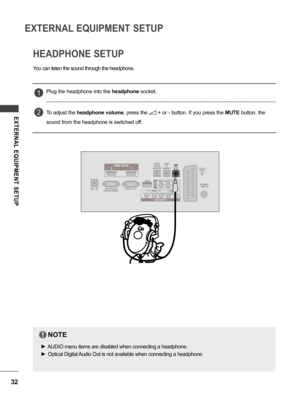 Page 3232
EXTERNAL EQUIPMENT SETUP
EXTERNAL  EQUIPMENT  SETUP
HEADPHONE SETUP
Plug the headphone into the headphone socket. 
To adjust the  headphone volume , press the 
 + or - button. If you press the  MUTE button, the 
sound from the headphone is switched off.
1
2
You can listen the sound through the headphone.
NOTE
 ►  AUDIO menu items are disabled when connecting a headphone.
 ► Optical Digital Audio Out is not available when connecting a headphone.
!
 