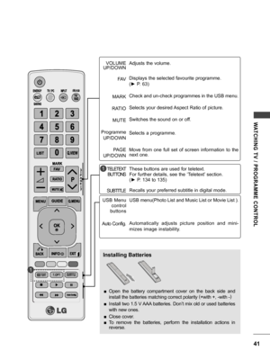 Page 4141
WATCHING  TV  /  PROGRAMME  CONTROL
VOLUME UP/DOWNFAV
MARK
RATIO MUTE
Programme UP/DOWN
PAGE
UP/DOWN
TELETEXTBUTTONS
SUBTITLE
USB Menu control
buttons
Auto Config. Adjusts the volume.
Displays the selected favourite programme. 
(► P. 63)
Check and un-check programmes in the USB menu.
Selects your desired Aspect Ratio of picture.
Switches the sound on or off.
Selects a programme.
Move  from  one  full  set  of  screen  information  to  the 
next one.
These buttons are used for teletext.
For further...