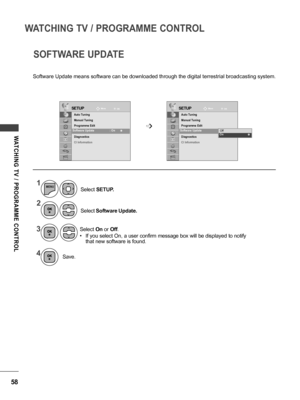 Page 5858
WATCHING TV / PROGRAMME CONTROL
WATCHING  TV  /  PROGRAMME  CONTROL
SOFTWARE UPDATE
Software Update means software can be downloaded through the digital terrestrial broadcasting system.
SETUPSETUPMoveMove
OK OK
Auto Tuning
Manual Tuning
Programme Edit
Software Update   :  ON
Diagnostics
CI Information Auto Tuning
Manual Tuning
Programme Edit
Software Update  
 :  ON
Diagnostics
CI Information
Software Update         : On      ꔉ  Software Update      : On   ꔉ ➩
1
2
4 3
MENU
Select Software Update....