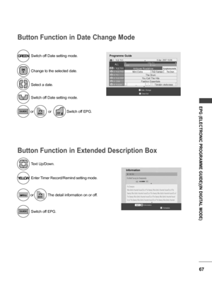 Page 6767
EPG (ELECTRONIC PROGRAMME GUIDE)(IN DIGITAL MODE)
Button Function in Date Change Mode
Button Function in Extended Description Box
GREEN
YELLOW
GUIDE
GUIDE
Switch off Date setting mode.
Enter Timer Record/Remind setting mode. Select a date.
Text Up/Down.
Switch off EPG. Switch off Date setting mode.Switch off EPG.
The detail information on or off.
or
or or
Change to the selected date.
EXITBACK
BACK
Programme Guide
ALL◄                                                        6 Apr. (Fri.)...