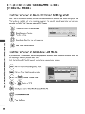 Page 6868
EPG (ELECTRONIC PROGRAMME GUIDE)
(IN DIGITAL MODE)
EPG (ELECTRONIC PROGRAMME GUIDE)(IN DIGITAL MODE)
Button Function in Record/Remind Setting Mode
Button Function in Schedule List Mode
Sets a start or end time for recording, and sets only a start time for the reminder with the end time grayed out.
This  function  is  available  only  when  recording  equipment  that  use  pin8  recording  signalling  has  been  con-
nected to the TV-OUT(AV1) terminal, using a SCART cable.
If you’ve created a schedule...