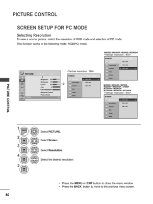 Page 8080
PICTURE CONTROL
PICTURE  CONTROL
Selecting Resolution
To view a normal picture, match the resolution of RGB mode and selection of PC mode.
This function works in the following mode: RGB[PC] mode.


M2080D / M2080DF / M2080D / M2080DN
M2280D / M2380D / M2780D
M2280DF / M2380DF / 2780DF
M2280DB / M2380DB
M2280DN / M2380DN / M2780DN
SCREEN SETUP FOR PC MODE
MoveOKPICTURE
      ▲ •  Brightness  5 0 • Sharpness  7 0 • Colour  5 0 • Tint  0 • Colour Temperature 0 •  Advanced Control • Picture ResetScreen...