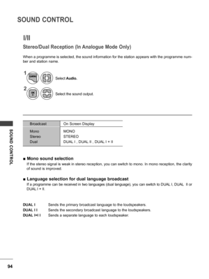 Page 9494
SOUND CONTROL
SOUND  CONTROL
I/II
Stereo/Dual Reception (In Analogue Mode Only)
When a programme is selected, the sound information for the station appears with the programme num-
ber and station name.
 ■ Mono sound selection
If the stereo signal is weak in stereo reception, you can switch to mono. In mono reception, the clarity 
of sound is improved.
 ■Language selection for dual language broadcast
If a programme can be received in two languages (dual language), you can switch to DUAL I, DUAL  II or...