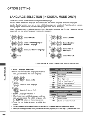 Page 100100
OPTION SETTING
OPTION  SETTIN
The Audio function allows selection of a preferred language.
If audio data in a selected language is not broadcast, the default language audio will be played.
Use the Subtitle function when two or more subtitle languages are broadcast. If subtitle data in a select-
ed language is not broadcast, the default language subtitle will be displayed.
When  the  languages  you  selected  as  the  primary  for Audio  Language  and  Subtitle  Language  are  not 
supported, you can...