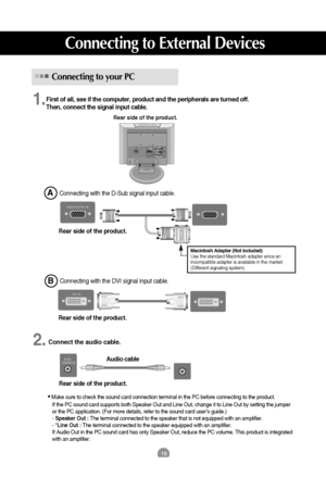 Page 1918
    AUDIO
(RGB/DVI) IN
DVI IN
18
Connecting to your PC
First of all, see if the computer, product and the peripherals are turned off. 
Then, connect the signal input cable.
Connecting with the D-Sub signal input cable. 
Rear side of the product.
Connecting to External Devices
RGB(PC/DTV) IN
Macintosh Adapter (Not included)
Use the standard Macintosh adapter since an
incompatible adapter is available in the market.
(Different signaling system)
1.
Audio cable Connecting with the DVI signal input cable....