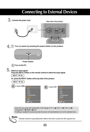 Page 2019
• Directly connect to a grounded power outlet on the wall or a power bar with a ground wire.Note
Turn on the PC. 2 1
Rear side of the product.Connect the power cord.
Select an input signal.
Press the INPUT button on the remote control to select the input signal. 
Or, press the INPUT button at the top side of the product. Turn on power by pressing the power button on the product.
Power button
• Select RGB
RGB(PC/DTV) IN DV I  I NANTENNA IN  AUDIO
(RGB/DVI) IN
H/P S-VIDEO
AV IN 2 AV 1(MONO)VIDEOAUD...