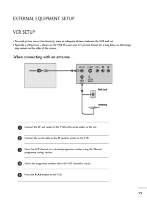 Page 1413
EXTERNAL EQUIPMENT SETUP
VCR SETUP
To avoid picture noise (interference), leave an adequate distance between the VCR and set.
Typically a still picture is shown on the VCR. If a user uses 4:3 picture format for a long time, an afterimage
may remain on the sides of the screen.
OUTPUT
SWITCH ANT IN
RS-VIDEO VIDEO
ANT OUTL
ANTENNA IN
AV 1 AV 2
Wall Jack
Antenna
1
2
When connecting with an antenna
Connect the RF out socket of the VCR to the aerial socket of the set.
Connect the aerial cable to the RF...