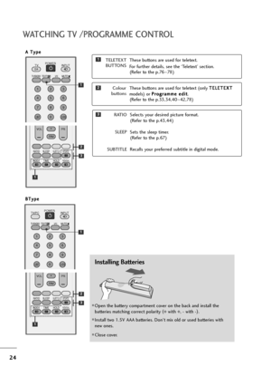 Page 2524
WAT\fHING TV /PR\bGRAMME \f\bNTR\bL
Installing Batteries
Open the battery co\fpart\fent cover on the back an\b install the 
batteries \fatching correct polarity (
+ with +, - with - )
.
Install two 1.5V AAA batteries. Don’t \fix ol\b or use\b batteries with
new ones.
Close cover.
123 
456 
789
0
Q.VIEWLIST
TV INPUTD/A
POWER
I/IIMUTETEXTTV/RADIO
RATIO
VOL PR
INDEX
SLEEP
HOLDREVEAL
SUBTITLEUPDATE
FAV
TIME
*
?
    \folou r 
buttons These buttons are use\b for teletext (only 
T 
T
E
EL
LE
E T
T E
EX
X...