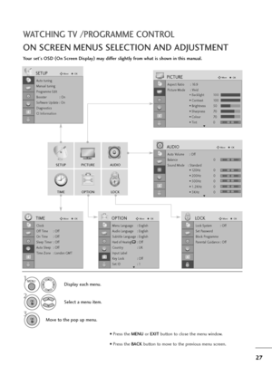 Page 2827
WATCHING TV /PROGRAMME CONTROL
ON SCREEN MENUS SELECTION AND ADJUSTMENT
Your set's OSD (
On Screen Display)
may differ slightly from what is shown in this manual.
SETUPAUDIO
TIMEOPTIONLOCK
PICTURE
Auto tuning
Manual tuning
Programme Edit
Booster              : On
Software Update : On
Diagnostics
CI Information
SETUPMoveOK
Aspect Ratio : 16:9
Picture Mode : Vivid
• Backlight 100
• Contrast 100
• Brightness 50
• Sharpness 70
• Colour 70
• Tint 0
PICTUREMoveOK
E
Auto Volume : Off
Balance 0
Sound Mode...