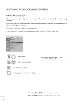 Page 3332
WATCHING TV /PROGRAMME CONTROL
When a programme number is skipped, it means that you will be unable to select it using PR + / -button during
TV viewing. 
If you wish to select the skipped programme, directly enter the programme number with the NUMBER buttons or
select it in the Programme edit menu
This function enables you to skip the stored programmes.
In some countries, it is possible to move a programme number by using the YELLOW button only.
PROGRAMME EDIT 
• Use NUMBER buttons to input a 4-digit...