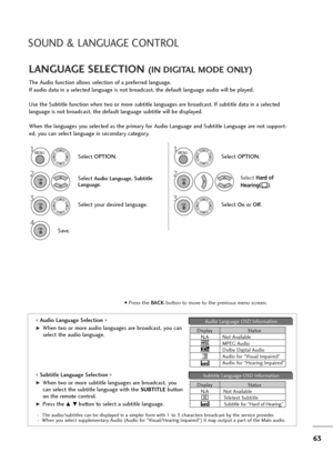 Page 6463
SOUND & LANGUAGE CONTROL
The Audio function allows selection of a preferred language.
If audio data in a selected language is not broadcast, the default language audio will be played.
Use the Subtitle function when two or more subtitle languages are broadcast. If subtitle data in a selected
language is not broadcast, the default language subtitle will be displayed.
When the languages you selected as the primary for Audio Language and Subtitle Language are not support-
ed, you can select language in...