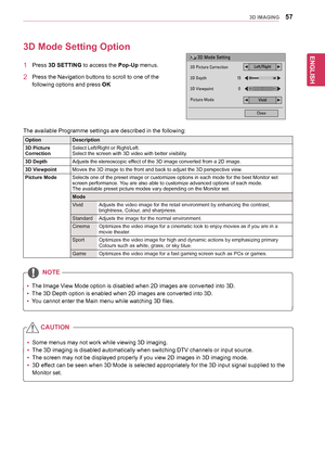 Page 57ENGLISH
573D IMAGING
3D Mode Setting Option
1	Press	3D SETTING	to	access	the	Pop-Up	menus.
2		 Press	the	Navigation	buttons	to	scroll	to	one	of	the	
following	options	and	press	OK
yySome	menus	may	not	work	while	viewing	3D	imaging.
yyThe	3D	imaging	is	disabled	automatically	when	switching	DTV	channels	or	input	source.
yyThe	screen	may	not	be	displayed	properly	if	you	view	2D	images	in	3D	imaging	mode.
yy3D	effect	can	be	seen	when	3D	Mode	is	selected	appropriately	for	the	3D	input	signal	supplied	to	the...