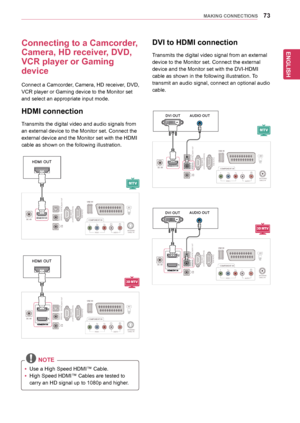 Page 73ENGLISH
73MAKING CONNECTIONS
Connecting to a Camcorder, 
Camera, HD receiver, DVD, 
VCR player or Gaming 
device
Connect	a 	Camcorder, 	Camera, 	HD 	receiver, 	DVD,	
VCR	player	or	Gaming	device	to	the	Monitor	set	
and	select	an	appropriate	input	mode.
  NOTE
AUDIO OUT
DVI OUT
VIDEO
COMPONENT IN
USB INAV
AUDIOO
YPBPRL
RS-\f3\fC IN
(CONTROL & SERVICE\b
RGB IN 
(PC\bOPTICAL
AUDIO IN
(RGB/DVI\b
H 
/ P
DIGITALAUDIO OUT
ANTENNA/CABLE IN
DC-IN
HDMI/DVI INR
AUDIO OUT
DVI OUT
VIDEO
COMPONENT IN
USB INAV
AUDIOO...