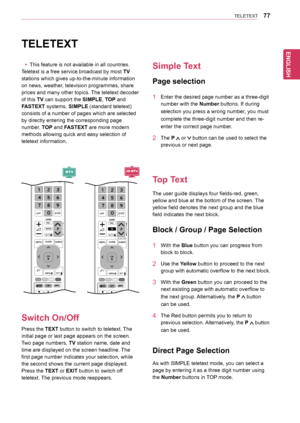 Page 77ENGLISH
77TELETEXT
P
A
G
EP
1 23
4 5
0 6
7 8 9
LISTQ\fVIEW
TV / PC INPUT
TV/
RADENERGY
 SA VING
MARKFAV
RA TI\f
MUTE
\fK
MENUGUIDEQ.MENU
INF \f
Au\bo Cong .
EXIT
P
A
G
EP
1 23
4 5
0 6
7 8 9
LISTQ\fVIEW
TV / PC INPUT
TV/
RADENERGY
 SA VING
MARKFAV
\fD
MUTE
OK
MENUGUIDEQ.MENU
INF O
A\bto Cong .
EXIT
\fD SETTING
TELETEXT
yyThis	feature	is	not	available	in	all	countries.
Teletext	is	a	free	service	broadcast	by	most	TV	
stations	which	gives	up-to-the-minute	information	
on	news,	weather,	television...