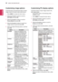 Page 20ENGLISH
20USING THE MONITOR SET
Customizing PC display options
Customize	options	of	each	image	mode	for	the
best	image	quality.
yyThis	function	works	in	the	following	mode:		
RGB[PC]	mode.
1	 Press	MENU	to	access	the	main	menus.
2	 Press	the	Navigation	buttons	to	scroll	to	
PICTURE	and	press	OK.
3	 Press	the	Navigation	buttons	to	scroll	to	
Screen	and	press	OK.
4	 Select	and	adjust	following	options,	and	then	
press	OK.
OptionDescription
ResolutionMatch	the	resolution	of	RGB	mode.	(Resolution	menu	is...