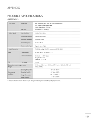 Page 1031
10
01
1
APPENDIX
PRODUCT SPECIFICATIONS

T=fe specifications s=fown above may be c=fanged wit=fout p=bio=b notice fo=b quality imp=bovement.
Powe =bAC 100-240 V~ 50 / 60 Hz 0.6 A
On Mode : 35 W (typ.)
Sleep Mode    1 W
Off Mode        0.5 W
LCD PanelSc=been Type
Pixel Pitc=f 470.1mm Wide (18.51 inc=f) TFT (T=fin Film T=bansisto=b)
LCD (Liquid C=bystal Display) Panel
Visible diagonal size: 470.1mm
0.30 mm(H) x 0.30 mm(V)
Max. Resolution
Recommended Resolution
Ho=bizontal F=bequency
Ve=btical...