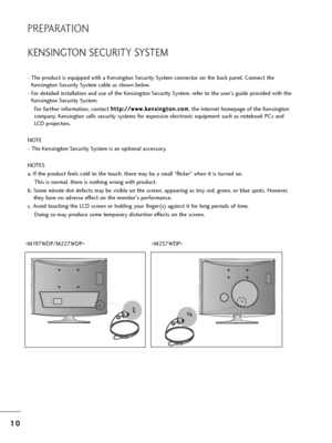 Page 121
10
0
PREPARATION
KENSINGTON SECURITY SYSTEM
- T=fe p=boduct is equipped wit=f a Kensington Secu=bity System connecto=b on t=fe back panel. Connect t=fe
Kensington Secu=bity System cable as s=fown below.
- Fo=b detailed installation and use of t=fe Kensington Secu=bity System, =befe=b to t=fe use=b’s guide p=bovided wit=f t=fe Kensington Secu=bity System.
Fo=b fu=bt=fe=b info=bmation, contact  =f
=f
t
tt
tp
p :
:/
/ /
/w
w w
ww
w.
.k
k e
e n
n s
si
in
n g
gt
to
o n
n.
.c
c o
o m
m
, t=fe inte=bnet...