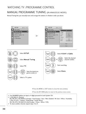 Page 323
30
0
WATCHING TV /PROGRAMME CONTROL
Manual Tuning lets you manually tune and a=b=bange t=fe stations in w=fateve=b o=bde=b you desi=be. 
MANUAL PROGRAMME TUNING (IN ANALOGUE MODE)
•Use NUMBER buttons to input a 4-digit passwo=bd in Lock System ‘On’.
•L: SECAM L/L’ (F=bance)
BG: PAL B/G, SECAM B/G (Eu=bope / East Eu=bope / Asia / New Zealand / M. East / Af=bica / Aust=balia)
I: PAL I/II (U.K. / I=beland / Hong Kong / Sout=f Af=bica)
DK: PAL D/K, SECAM D/K (East Eu=bope / C=fina / Af=bica / CIS)
•To...