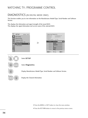 Page 383
36
6
WATCHING TV /PROGRAMME CONTROL
T=fis function enables you to view info=bmation on t=fe Manufactu=be=b, Model/Type, Se=bial Numbe=b and Softwa=be
Ve=bsion.
T=fis displays t=fe info=bmation and signal st=bengt=f of t=fe tuned MUX.
T=fis displays t=fe signal info=bmation and se=bvice name of t=fe selected MUX.
DIAGNOSTICS(IN DIGITAL MODE ONLY)
Select  S S
E
ET
T U
U P
P
.
2
Select  D
D
i
ia
a g
g n
n o
o s
st
ti
ic
c s
s
.
4
Display t=fe C=fannel info=bmation.
3
Display Manufactu=be=b, Model/Type,...