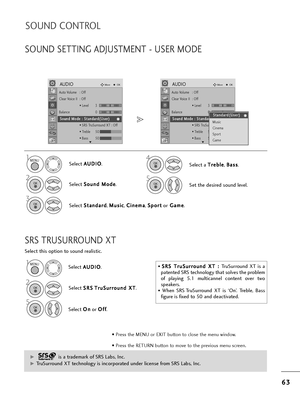 Page 656
63
3
SOUND CONTROL
• P=bess t=fe MENU o=b EXIT button to close t=fe menu window.
• P=bess t=fe RETURN button to move to t=fe p=bevious menu sc=been.
SOUND SETTING ADJUSTMENT - USER MODE
Select  A
A
U
U D
D I
IO
O
.
2
Select  S
S
o
o u
un
n d
d  
 M
M o
od
de
e
.
3
Select  S
S
t
ta
a n
n d
d a
a=b
=bd
d
, M
M
u
us
si
ic
c
,  C
C
i
in
n e
em
m a
a
,  S
S
p
p o
o =b
=bt
t
o=b G
G
a
am
m e
e
. Set t=fe desi=bed sound level.
14
Select a 
T
T
=b
=be
e b
b l
le
e
,  B
B
a
as
ss
s
.MENU
MENU
OK 
OK 
OK 
OK...