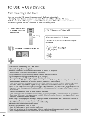 Page 888
86
6
TO USE  A USB DEVICE
P=becautions w=fen using t=fe USB device
GOnly a USB sto=bage device is =becognizable. 
GIf t=fe USB sto=bage device is connected t=f=boug=f a USB =fub, t=fe device is not =becognizable.
Some USB device =fas an inte=bnal =fub, t=fey may not be =becognized.
GA USB sto=bage device using an automatic =becognition p=bog=bamme may not be =becognized.
G A USB sto=bage device w=fic=f uses its own d=bive=b may not be =becognized.
GT=fe =becognition speed of a USB sto=bage device may...