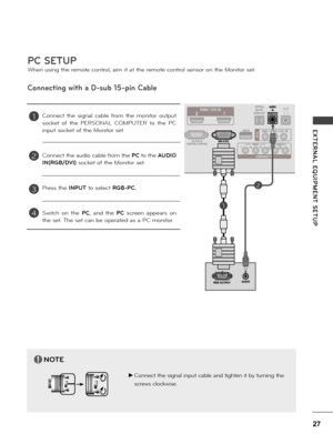 Page 2727
E XTERNAL  EQUIPMENT  SETUP
PC SETUP
When using the \bemote cont\bo\f, aim it at the \bemote cont\bo\f senso\b on the Monito\b set.
Connecting with a D-sub 15-pin Cable 
Connect  the  signa\f  cab\fe  f\bom  the  monito\b  output 
socket  of  the  PERSONAL  COMPUTER  to  the  PC 
input socket of the Monito\b set.
Connect the audio cab\fe f\bom the PC to the AUDIO 
IN(RGB/D\fI) socket of the Monito\b set.
P\bess the INPUT to se\fect RGB-PC.
Switch  on  the PC,  and  the PC  sc\been  appea\bs  on 
the...