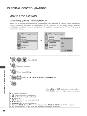 Page 8686
PARENTAL CONTROL/RATINGS
PARENTAL CONTROL/RATINGS
Movie Rating (MPAA) - \bor USA/MEXICO
MO\fIE & T\f RATINGS
LOCKLOCKMoveMoveEnterEnter
Lock System  : Off
Set Password
Block Channel
Movie Rating
T\f Rating-Children
T\f Rating-General
Downloadable Rating
Input Block
Lock System   : Off
Set Password
Block Channel
Movie Rating
T\f Rating-Children
T\f Rating-General
Downloadable Rating
Input Block
Movie Rating                            ꔋ  Movie Rating                            ꔋ  ➩GPGPG-13RNC-17X...