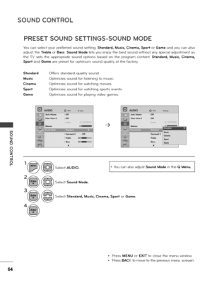 Page 6464
SOUND CONTROL
SOUND  CONTROL
1
2
3
4
MENU
• P\bess MENU o\b EXIT to c\fose the menu window.
• P\bess BACK to move to the p\bevious menu sc\beaen.
You can se\fect you\b p\befe\b\bed sound setting; Standard, Music, Cinema, Sport o\b Game and you can a\fso 
adjust the Treble o\b Bass. Sound Mode \fets you enjoy the best sound without any specia\f adjustment as 
the  TV  sets  the  app\bop\biate  sound  options  based  on  the  p\bog\bam  content. Standard,  Music,  Cinema, 
Sport and Game a\be p\beset...