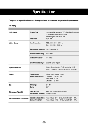 Page 4343
Specifications
The product specifications can change without prior notice for product improvement.
[19 inch]
Screen Type19 inches Wide (48.14 cm) TFT (Thin Film Transistor) 
LCD (Liquid Crystal Display) Panel
Visible diagonal size: 48.14 cm
Pixel Pitch0.285 mm
Max. Resolution RGB : 1440 X 900 @75 Hz 
DVI : 1440 X 900 @60 Hz 
Recommended Resolution1440 X 900 @60 Hz 
Horizontal Frequency28 - 83 kHz
Vertical Frequency56 - 75 Hz
Synchronization TypeSeparate Sync, Digital
S-Video, Composite video, TV,...