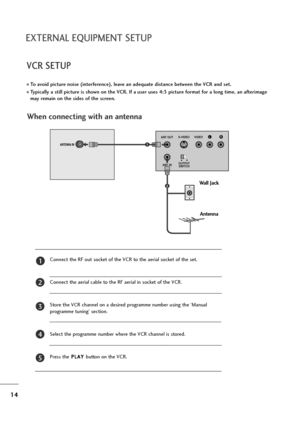 Page 1514
EXTERNAL EQUIPMENT SETUP
VCR SETUP
To avoid picture noise (interference), leave an adequate distance between the VCR and set.
Typically a still picture is shown on the VCR. If a user uses 4:3 picture format for a long time, an afterimage
may remain on the sides of the screen.
OUTPUT
SWITCH ANT IN
RS-VIDEO VIDEO
ANT OUTL
ANTENNA IN
AV 1 AV 2
Wall Jack
Antenna
1
2
When connecting with an antenna
Connect the RF out socket of the VCR to the aerial socket of the set.
Connect the aerial cable to the RF...