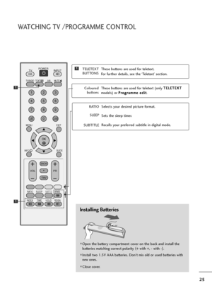 Page 2625
WATCHI\bG TV /\fROGRAMME CO\bTROL
Inst\blling \f\btteries
Open the \battery \fompartment \fover on the \ba\fk and install the 
\batteries mat\fhing \forre\ft polarity (
+ with +, - with - )
.
Ins tall  t w o 1.5V  A AA  \b att eri es.  Don ’t  mix  old  or  used  \b att eri es with
new ones.
Close \fover.
OK 
MENU EXIT
GUIDE
RATIO
123 
456 
789
0
Q.VIEWLIST
TV INPUTD/A
POWER
VOL PR
INDEX
SLEEP
HOLDREVEAL
SUBTITLEUPDATE
I/IIMUTETEXT
BACK
FAV
TIME
INFO   i
TV/RADIO
*
?
Coloured buttons These \buttons...