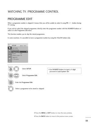 Page 3433
WATCHING TV /PROGRAMME CONTROL
When a programme number is skipped, it means that you will be unable to select it using PR + / -button during
TV viewing. 
If you wish to select the skipped programme, directly enter the programme number with the NUMBER buttons or
select it in the Programme edit menu
This function enables you to skip the stored programmes.
In some countries, it is possible to move a programme number by using the YELLOW button only.
PROGRAMME EDIT 
• Use NUMBER buttons to input a 4-digit...