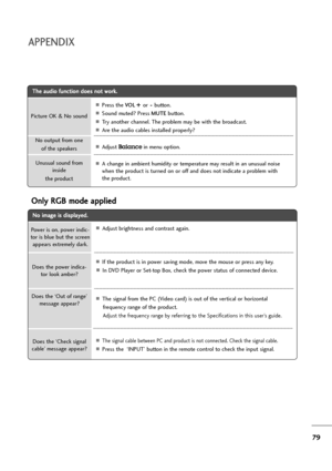 Page 8079
APPENDIX
T Th
he
e 
 a
au
ud
di
io
o 
 f
fu
un
nc
ct
ti
io
on
n 
 d
do
oe
es
s 
 n
no
ot
t 
 w
wo
or
rk
k.
.
APress the VO L+ + 
 
or- -
button.
ASound muted? Press MUTEbutton.
ATry another channel. The problem may be with the broadcast.
AAre the audio cables installed properly?
AAdjust Balancein menu option.
AA change in ambient humidity or temperature may result in an unusual noise
when the product is turned on or off and does not indicate a problem with
the product. Picture OK & No sound
Unusual...