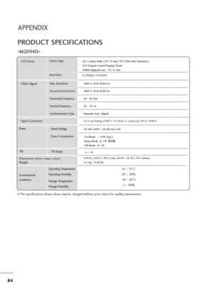 Page 8584
APPENDIX

PRODUCT SPECIFICATIONS
The specifications shown above may be changed without prior notice for quality improvement.
Powe rAC100-240V~50/60 Hz 0.9A
On Mode    : 52W (typ.)
Sleep Mode      1W (R RG
GB
B
)
Off Mode      1W
LCD PanelScreen Type
Pixel Pitch20.1 inches Wide (511.13 mm) TFT (Thin Film Transistor)
LCD (Liquid Crystal Display) Panel
Visible diagonal size : 511.13 mm
0.258(H) x 0.258(V)
Max. Resolution
Recommended Resolution
Horizontal Frequency
Vertical Frequency
Synchronization...