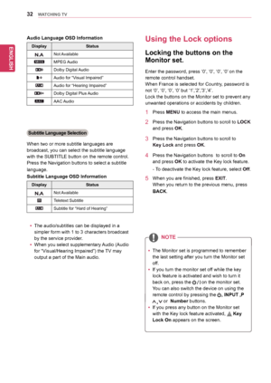 Page 3232
ENGENGLISH
WATCHING TV
Audio Language OSD Information
DisplayStatus
Not	Available
MPEG	 Audio
Dolby	Digital	 Audio
Audio	for	“Visual	Impaired”
Audio	for	“Hearing	Impaired”
Dolby	Digital	Plus	 Audio
AAC	Audio
Subtitle Language Selection
When	two	or	more	subtitle	languages	are	
broadcast,	you	can	select	the	subtitle	language	
with	the	SUBTITLE	button	on	the	remote	control.
Press	the	Navigation	buttons	to	select	a	subtitle	
language.
Subtitle Language OSD Information
DisplayStatus
Not	Available
Teletext...
