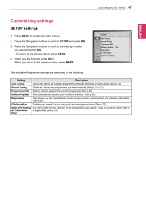 Page 4747
ENGENGLISH
CUSTOMIZING SETTINGS
Customizing settings
SETUP settings
1	 Press	MENU	to	access	the	main	menus.
2	 Press	the	Navigation	buttons	to	scroll	to	SETUP	and	press	OK.
3	 Press	the	Navigation	buttons	to	scroll	to	the	setting	or	option	
you	want	and	press	OK.
-	To	return	to	the	previous	level,	 press	BACK.
4	 When	you	are	finished,	press	EXIT.
When	you	return	to	the	previous	menu,	press	BACK.		
The	available	Programme	settings	are	described	in	the	following:
SettingDescription
Auto TuningTunes	and...