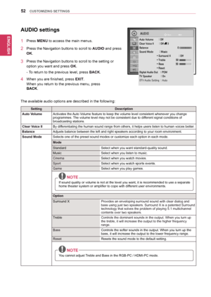 Page 5252
ENGENGLISH
CUSTOMIZING SETTINGS
AUDIO settings
1	 Press	MENU	to	access	the	main	menus.
2	 Press	the	Navigation	buttons	to	scroll	to	AUDIO	and	press	
OK.
3	 Press	the	Navigation	buttons	to	scroll	to	the	setting	or	
option	you	want	and	press	OK.
-	To	return	to	the	previous	level,	 press	BACK.
4	 When	you	are	finished,	press	EXIT.
When	you	return	to	the	previous	menu,	press		
BACK.		
		
The	available	audio	options	are	described	in	the	following:
SettingDescription
Auto VolumeActivates	the	 Auto	Volume...