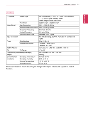 Page 7373
ENGENGLISH
SPECIFICATIONS
M2350D
LCD	PanelScreen	Type584.2	mm	Wide	(23	inch)	 TFT	(Thin	Film	 Transistor)
LCD	(Liquid	Crystal	Display)	Panel.
Visible	diagonal	size	:	584.2	mm
Pixel	Pitch0.265	mm	(H)	x	0.265	mm	(V)
Video	SignalMax.	Resolution1920	×	1080	@	60	Hz
Recommended	Resolution1920	×	1080	@	60	Hz
Horizontal	Frequency30	kHz	to	83	kHz
Vertical	Frequency56	Hz	to	75	Hz
Synchronization	 TypeSeparate	Sync,	Digital
Input	ConnectorTV,	D-Sub	Analog,	SCART,	PC	 Audio	In,	Component,	
HDMI
PowerRated...