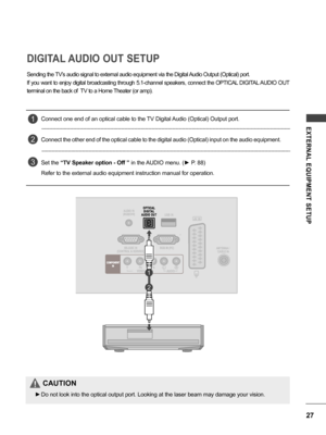 Page 2727
EXTERNAL  EQUIPMENT  SETUP
DIGITAL AUDIO OUT SETUP
Connect one end of an optical cable to the TV Digital Audio (Optical) Output port.
Connect the other end of the optical cable to the digital audio (Optical) input on the audio equipment.
Set the “TV Speaker option - Off ” in the AUDIO menu. (► P. 88) 
Refer to the external audio equipment instruction manual for operation.
1
2
3
CAUTION
 ►Do not look into the optical output port. Looking at the laser beam may damage your vision.
Sending the TV’s audio...