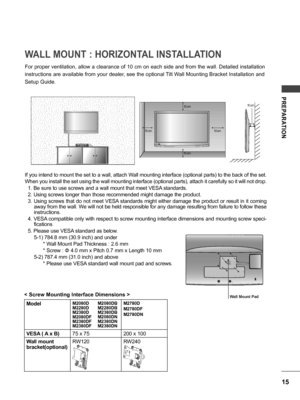 Page 1515
PREPARATION
WALL MOUNT : HORIZONTAL INSTALLATION
For proper ventilation, allow a clearance of 10 cm on each side and from the wall. Detailed installation
instructions are available from your dealer, see the optional Tilt Wall Mounting Bracket Installation and
Setup Guide.
If you intend to mount the set to a wall, attach Wall mounting interface (optional parts) to the back of the set.
When you install the set using the wall mounting interface (optional parts), attach it carefully so it will not drop.1....