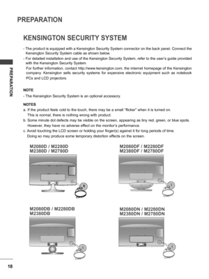 Page 1818
PREPARATION
PREPARATION
KENSINGTON SECURITY SYSTEM
- The product is equipped with a Kensington Security System connector on the back panel. Connect the 
Kensington Security System cable as shown below.
- For detailed installation and use of the Kensington Security System, refer to the user’s guide provided  with the Kensington Security System.
For further information, contact http://www.kensington.com, the internet homepage of the Kensington 
company.  Kensington  sells  security  systems  for...