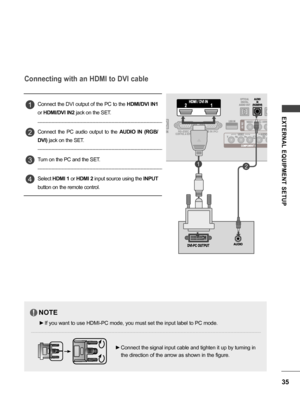 Page 3535
EXTERNAL  EQUIPMENT  SETUP
Connecting with an HDMI to DVI cable
Connect the DVI output of the PC to the HDMI/DVI IN1 
or  HDMI/DVI IN2  jack on the SET.
Connect  the  PC  audio  output  to  the  AUDIO  IN  (RGB/
DVI)  jack on the SET.
Turn on the PC and the SET.
Select  HDMI 1  or HDMI 2  input source using the  INPUT  
button on the remote control.1
2
3
4
12
 ► Connect the signal input cable and tighten it up by turning in 
the direction of the arrow as shown in the figure.
NOTE!
 ►If you want to use...