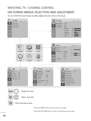 Page 3130
WATCHI\bG TV / CHA\b\b\fL CO\bTROL
O\b SCR\f\f\b M\f\bUS S\fL\fCTIO\b A\bD ADJUSTM\f\bT
Your set's OSD (
On Screen Display )
may differ slightly from what is shown in this manual.
CHA\b\b\fLAUDIO
TIM\fOPTIO\bLOCK
PICTUR\f
Auto tuning
Manual tuning
Channel \fdit
CHA\b\b\fLMove\fnter
Auto Volume : Off
Balance 0
Sound Mode    : St andard
• Treble 50
• Bass 50
• Reset
TV Speaker : On
AUDIOMove\fnter
Clock
Off Time : Off
On Time : Off
Sleep Timer : Off
Auto Sleep : Off
TIM\fMove\fnter
Lock System :...