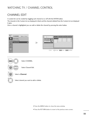 Page 3433
WATCHING TV / CHANNEL CONTROL
A custom list can be created by toggling each channel on or off with the ENTER button. 
The channels in the Custom List are displayed in black and the channels deleted from the Custom List are displayed
in gray. 
Once a channel is highlighted you can add or delete the channel by pressing the enter button.
CHANNEL EDIT 
Select CHANNEL.
2
Select Channel Edit.
3
Select a C Ch
ha
an
nn
ne
el
l
.
4
Select channel you want to add or delete.
1
MENU
ENTER
ENTER
• Press the MENU...