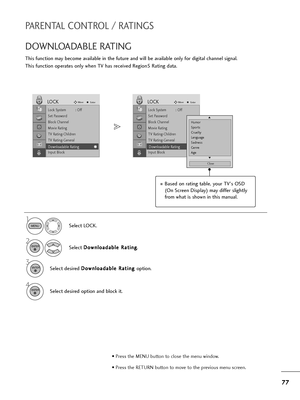 Page 7877
PARENTAL CONTROL / RATINGS
DOWNLOADABLE RATING
This function may become available in the future and will be available only for digital channel signal.
This function operates only when TV has received Region5 Rating data.
Select LOCK.
2
Select D Do
ow
wn
nl
lo
oa
ad
da
ab
bl
le
e 
 R
Ra
at
ti
in
ng
g
.
1
3
Select desired D Do
ow
wn
nl
lo
oa
ad
da
ab
bl
le
e 
 R
Ra
at
ti
in
ng
g 
 
option.
MENU
ENTER
4
Select desired option and block it.ENTER
Lock System : Off
Set Password
Block Channel
Movie Rating
TV...