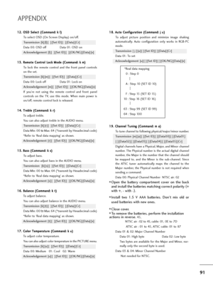 Page 9291
APPENDIX
1 12
2.
. 
 O
OS
SD
D 
 S
Se
el
le
ec
ct
t 
 (
(C
Co
om
mm
ma
an
nd
d:
: 
 k
k 
 l
l)
)
To select OSD (On Screen Display) on/off.
Transmission [k][l][  ][Set ID][  ][Data][Cr]
Data 00: OSD off Data 01: OSD on
Acknowledgement [l][  ][Set ID][  ][OK/NG][Data][x]
1 13
3.
. 
 R
Re
em
mo
ot
te
e 
 C
Co
on
nt
tr
ro
ol
l 
 L
Lo
oc
ck
k 
 M
Mo
od
de
e 
 (
(C
Co
om
mm
ma
an
nd
d:
: 
 k
k 
 m
m)
)
To  lock  the  remote  control  and  the  front  panel  controls
on the set.
Transmission [k][m][  ][Set...