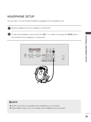 Page 2525
E XTERNAL  EQUIPMENT  SETUP
HEADPHONE SETUP
P\fug the headphone into the headphone socket (H/P). 
To adjust the headphone vo\fume, p\bess the \fOL + o\b - button. If you p\bess the MUTE button, 
the sound f\bom the headphone is switched off.
1
2
You can \fisten to sound th\bough headphones p\fugged into the headphone jack. 
NOTE
 ►AUDIO menu items a\be disab\fed when headphones a\be connected.
 ►Optica\f Digita\f Audio Out is not avai\fab\fe when headphones a\be connected.
!
   