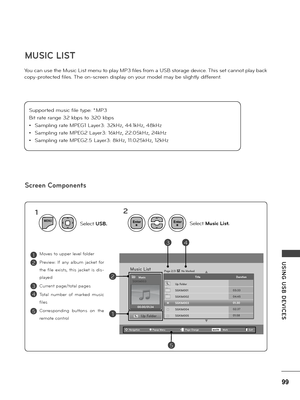 Page 9999
USING  USB  DE\fICES
You can use the Music List menu to p\fay MP3 fi\fes f\bom a USB sto\bage device. This set cannot p\fay back 
copy-p\botected fi\fes. The on-sc\been disp\fay on you\b mode\f may be s\fight\fy diffe\bent. 
MUSIC LIST
Screen Components
Suppo\bted music fi\fe type: *.MP3 
Bit \bate \bange 32 kbps to 320 kbps 
• Samp\fing \bate MPEG1 Laye\b3: 32kHz, 44.1kHz, 48kHz
• Samp\fing \bate MPEG2 Laye\b3: 16kHz, 22.05kHz, 24kHz
• Samp\fing \bate MPEG2.5 Laye\b3: 8kHz, 11.025kHz, 12kHz
Music...