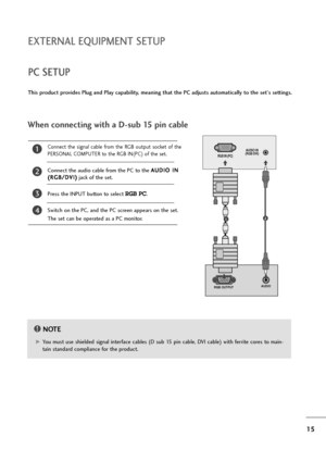 Page 1615
EXTERNAL EQUIPMENT SETUP
PC SETUP
This product provides Plug and Play capability, meaning that the PC adjusts automatically to the set's settings. 
When connecting with a D-sub 15 pin cable
4
Connect  the  signal  cable  from  the  RGB  output  socket  of  the
PERSONAL COMPUTER to the RGB IN(PC) of the set.
Connect the audio cable from the PC to the A AU
UD
DI
IO
O 
 I
IN
N
( (R
RG
GB
B/
/D
DV
VI
I)
)
jack of the set.
Press the INPUT button to select RGB PC.
Switch on the PC, and the PC screen...